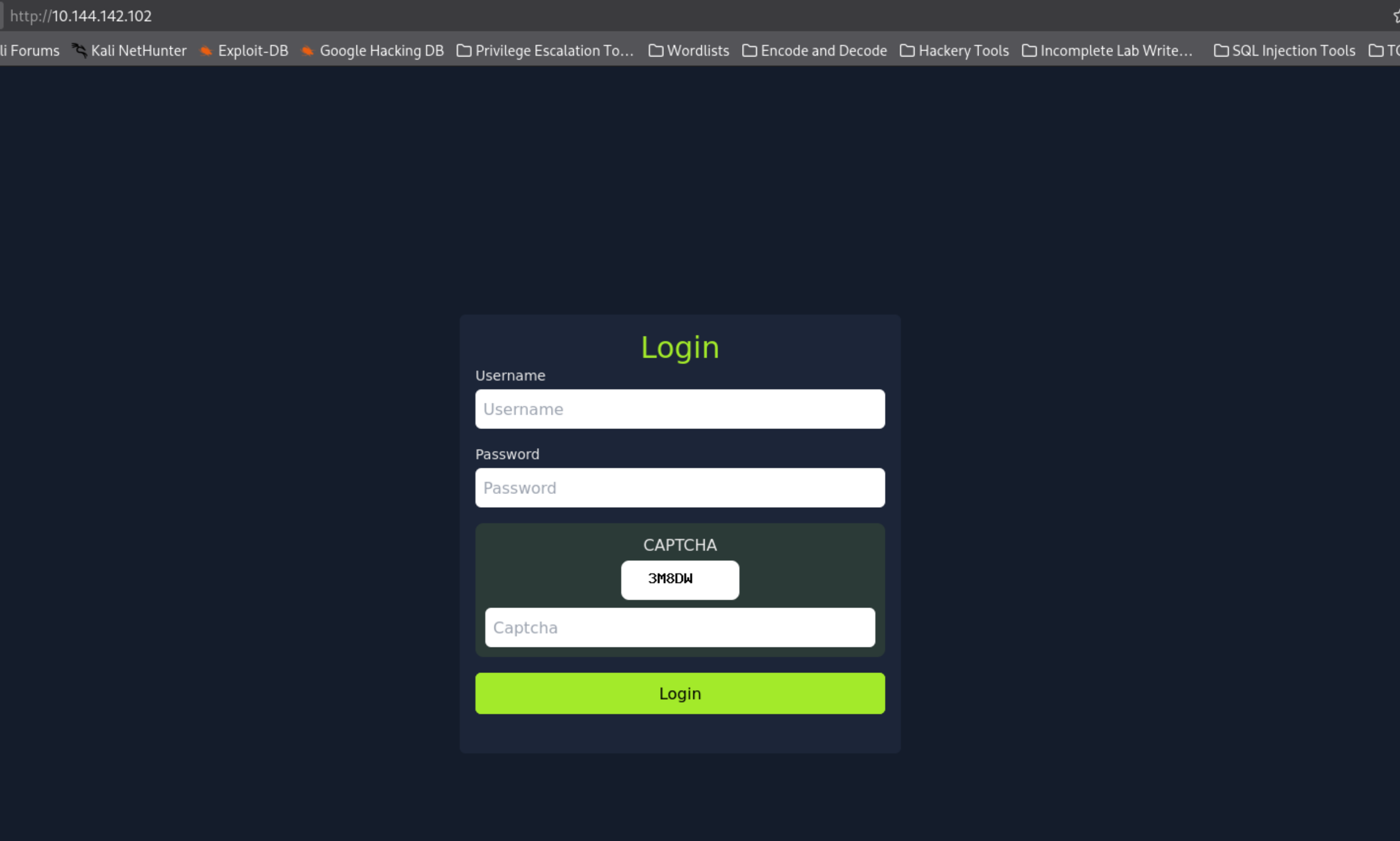 target IP login page with CAPTCHA visible